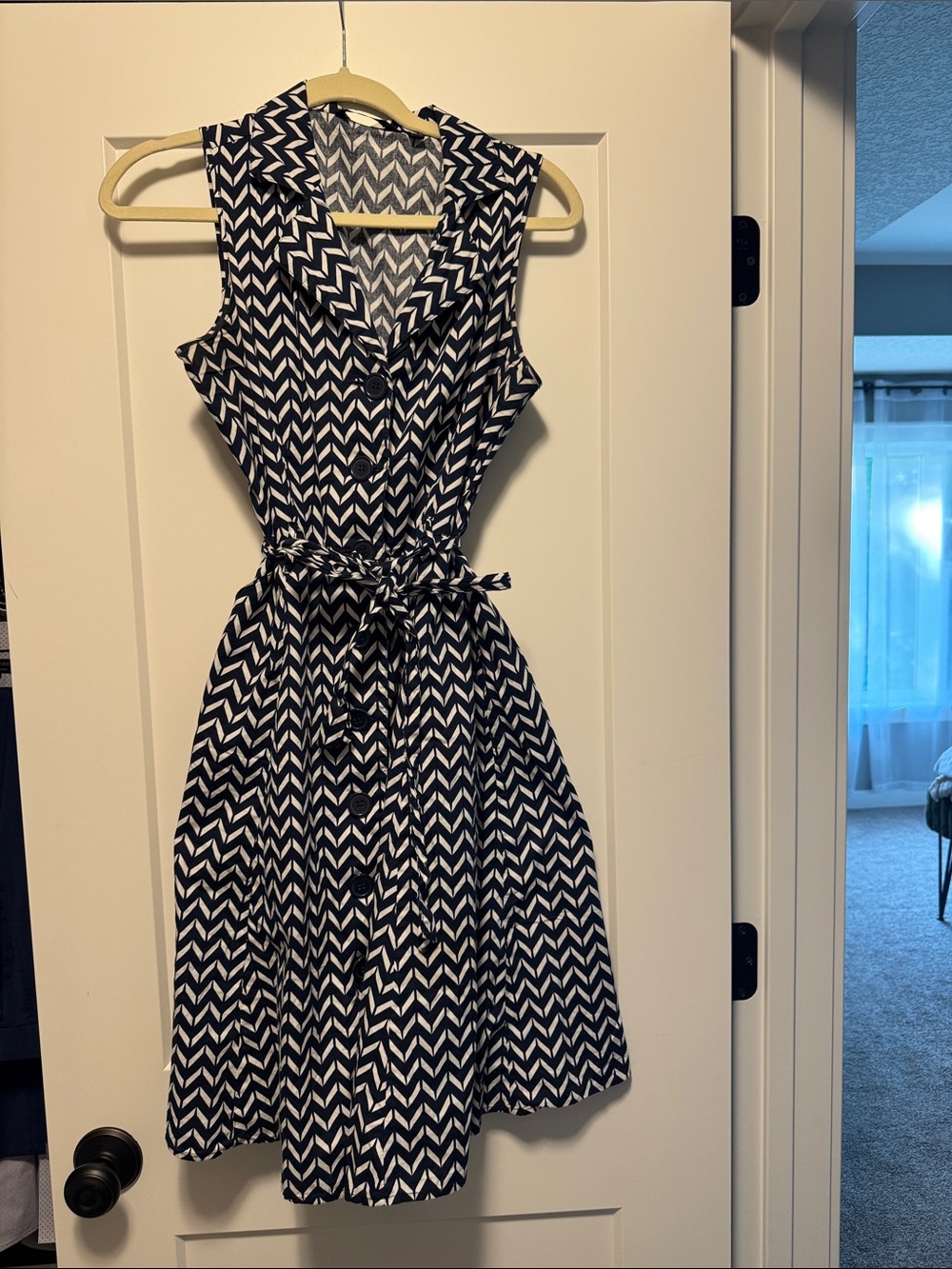 Chevron-Print Sleeveless Button-Front Mini Dress in Navy and White